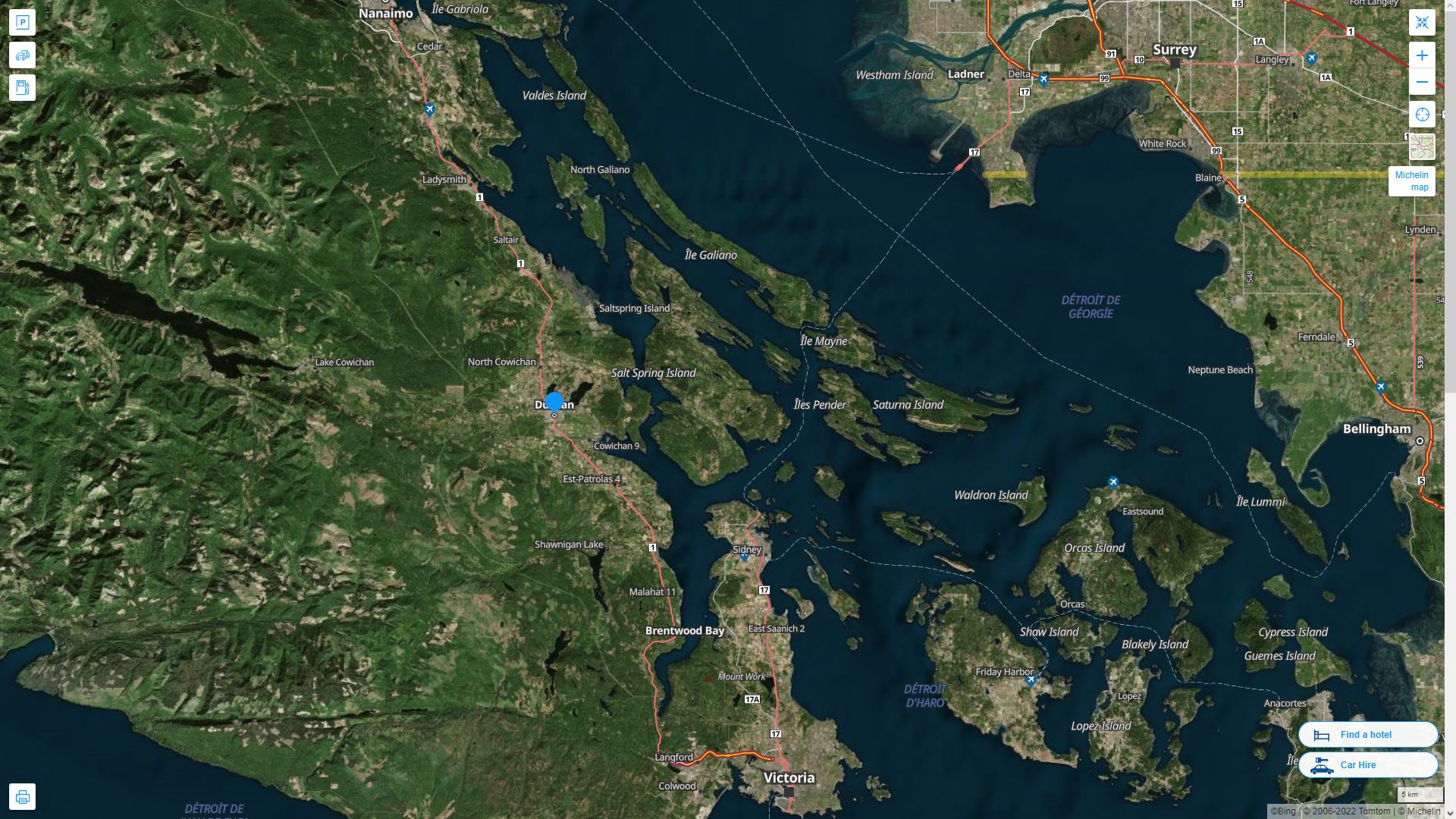 Duncan Canada Autoroute et carte routiere avec vue satellite